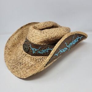 Henschel Hat Co Straw Western Cowboy Hat Large Tan Blue Embroidery Studs USA